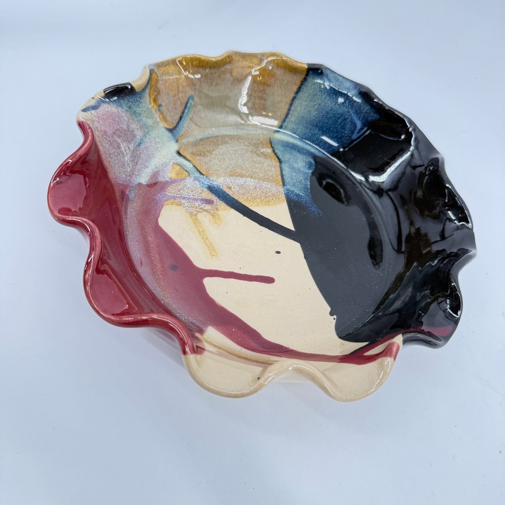 J&S Beaumont Pottery Bowl 9" Multicolor Abstract Ruffled Rim Ceramic Pie Pan - Picture 7 of 16